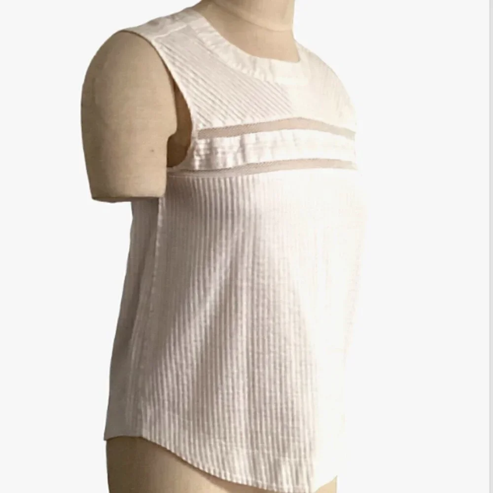 J Crew Pleated Cotton Shirt Sleeveless Top Pintuck Blouse Sz 00 White #157D‎